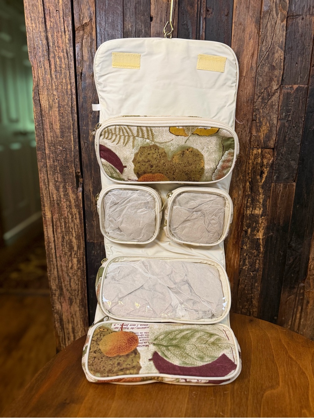 Hanging Travel Toiletry Bag Cosmetic Organizer Botanical Leaf Print Zip Pockets